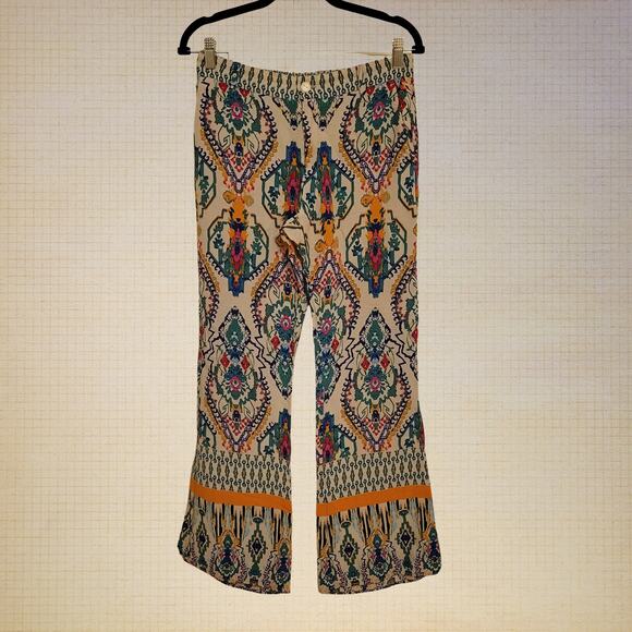 Zara Boho Patterned Lightweight Pants Women's Medium Summer Flare Elastic Waist - Picture 1 of 12